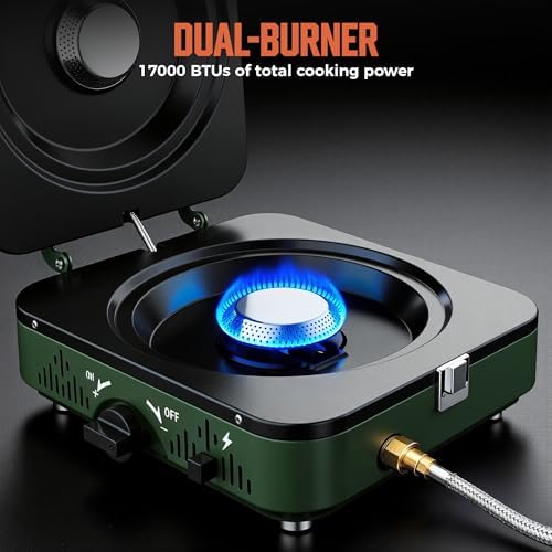BIG HORN OUTDOORS 2 Burner Propane Camping Stove, Portable Camp Stove, Folding Gas Stove, Includes Frying Pan & Carry Bag for Camping, Emergency Use and Outdoor Cooking