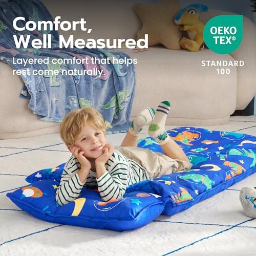 JOIEDOMI Toddler Nap Mat with Removable Pillow and Minky Blanket 55''x30'' Kids Sleeping Bag for Boys and Girls Ages 3-6 Roll Up Soft Nap Mats for Preschool Kindergarten Daycare Sleepover