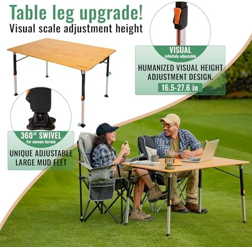 KingCamp Bamboo Folding Table with Adjustable Height