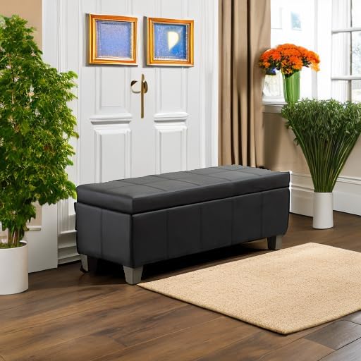 Black Faux Leather Ottoman with Storage, Rectangular Extra Long Storage Bench for Bedroom and Living Room