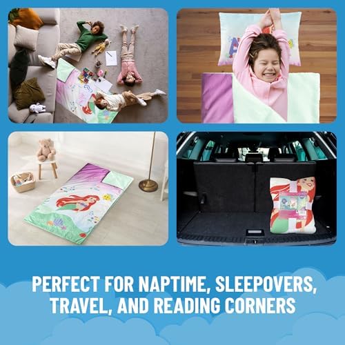 Jay Franco Kids Slumber Bag and Pillow - 54 x 27 Inch Comfy Indoor Sleeping Bag for School and Sleepovers, 2 Piece Set, Multi - The Little Mermaid