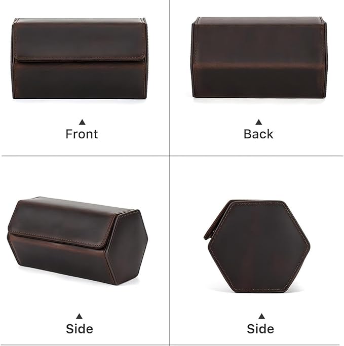Genuine Leather Watch Roll Travel Case, Vintage Full Grain Leather Hexagon Watches Storage Organizer with Display Removable Pillows & Solid Dividers for Home Storage &Display (2 Slot)