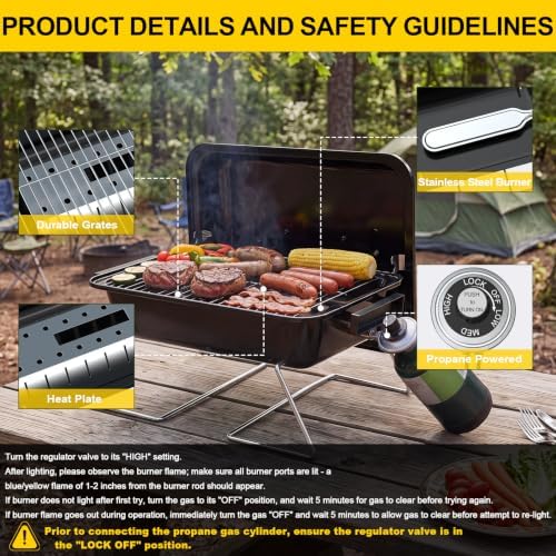 BESTFIRE Portable Propane Gas Grill - 2-in-1 Valve for 20lb Tank & 1lb Cylinder, 165 sq.in Cooking Area, Foldable Legs, Adjustable Regulator, Outdoor Camping BBQ Grill for Patio Backyard RV