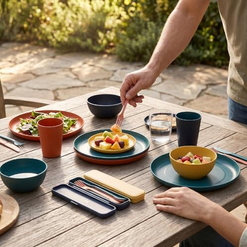 POCREATION Unbreakable Dinnerware Sets, 4 People PP Plates Bowls Mugs Cutlery Set Dishwasher Microwave Safe Lightweight for Camping Picnic Home Party Travel