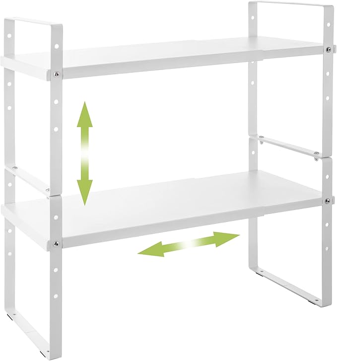 Expandable Cabinet Shelf Organizer Rack, Stackable Kitchen Counter Storage Shelves Stand, Adjustable Height Pantry Shelf Spice Rack (White, 2 Pack)