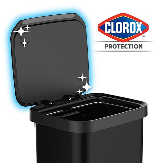 Glad Stainless Steel Step Trash Can, Series 2 with Clorox Protection - Large Black Kitchen Garbage Bin with Soft Close Lid, Foot Pedal and Waste Bag Roll Holder, 13 Gallon