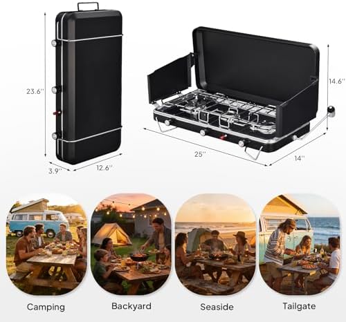 Bonnlo 3 Burner Camping Stove with Igniter, 25000 BTU Portable Propane Gas Stove with Built-in Handle & Foldable Wind Panel, Tabletop Outdoor Stove for Camping Kitchen, Tailgating, Grilling
