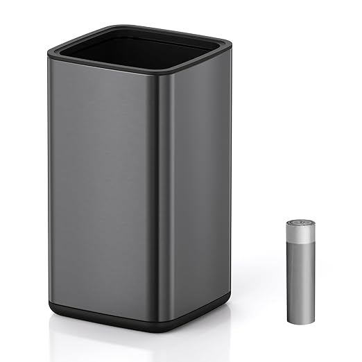Mbillion 2.4 Gal (9L) Stainless Steel Open - Top Trash Can with Removable Inner Bucket - Sleek Metal Small Waste Basket for Bathroom Office,Brushed Black