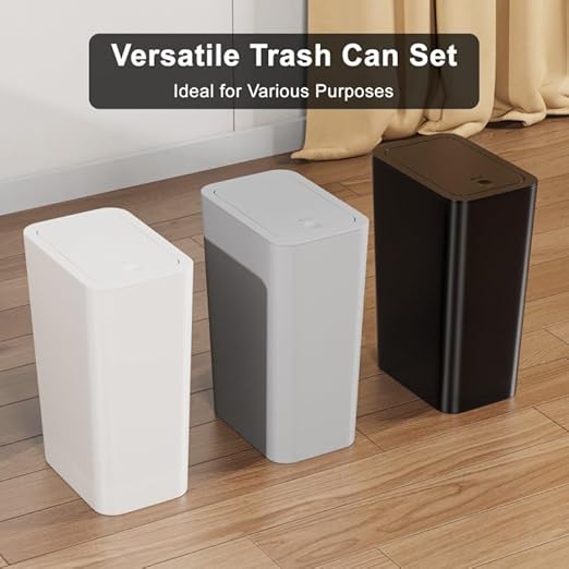 N. NETDOT 3 Pack Small Trash Can with lid, 3 Gallon Bathroom Trash Can,Garbage Can Slim Trash Bin Waste Basket for Bathroom,Kitchen,Bedroom,Living Room,Office,Laundry - Off White,Black,Grey