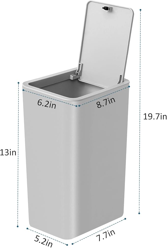TIPGO Bathroom Trash Can with Lid, 10 Liter/ 2.6 Gallon Slim Garbage Can, Small Trash Bin Waste Basket with Pop-Up Lid for Kitchen, Bedroom, Living Room, Office (2 Pack, Grey)