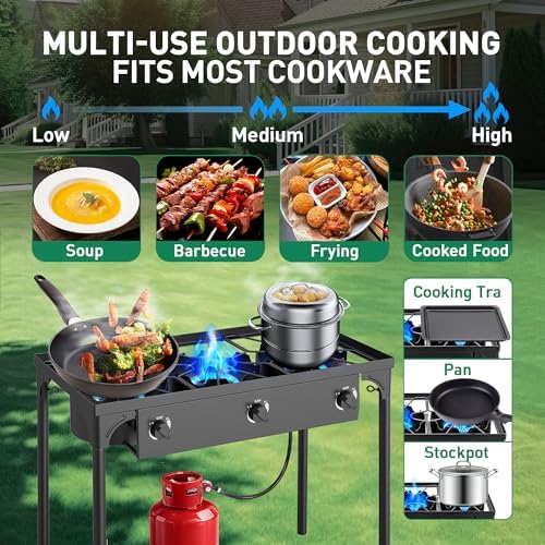 3 Burner Propane Camping Stove|225,000 BTU High-Pressure Gas Stove with Regulator|Portable for Backyard, Patio BBQ, Outdoor Cooking|parrillas de gas para cocinar afuera