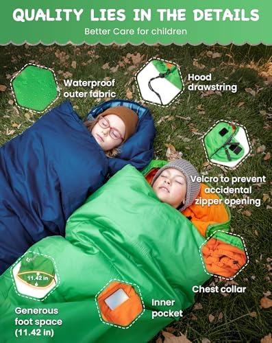 KingCamp 45°F Kids Sleeping Bag, 100% Flannel Sleeping Bag for 10-12 Child