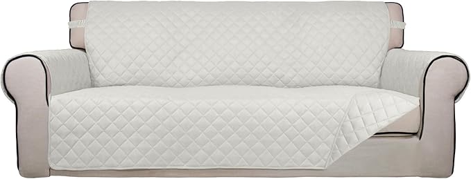 PureFit Reversible Quilted Sofa Cover, Water Resistant Slipcover Furniture Protector, Washable Couch Cover with Non Slip and Elastic Straps for Kids, Dogs, Pets (Sofa, Ivory/Ivory)