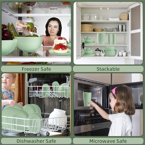 Camping Plates Cups and Bowls Set Green Reusable Microwave Safe Lightweight Unbreakable Plastic Dishes Set for Elderly Kitchen Adults Outdoor,32 Pcs Holiday Dinnerware Sets for 8