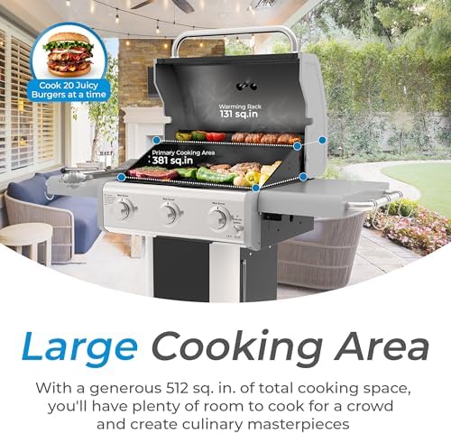 Kenmore 3-Burner Propane BBQ Grill, 30,000 BTUs Gas Grill with Cast Iron Cooking Grates, Folding Side Tables & Wheels, Outdoor Grill with Tool Hooks, Black