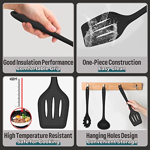 E-far Black Silicone Cooking Utensils Set, 7PCS Nonstick Kitchen Utensils