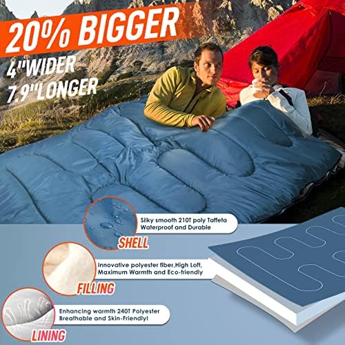 MEREZA Double Sleeping Bag for Adults Mens with Pillow, XL Queen Size Two Person Sleeping Bag for All Season Camping Hiking Backpacking 2 Person Sleeping Bags for Cold Weather & Warm