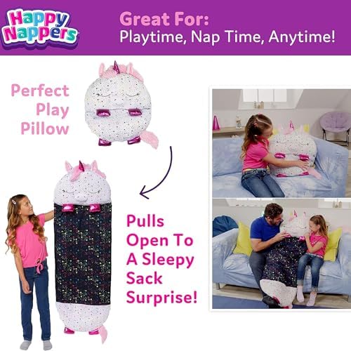 Happy Nappers Pillow & Sleepy Sack- Comfy, Cozy, Compact, Super Soft, Warm, All Season, Sleeping Bag with Pillow- Medium 54” x 20”, Shimmer Unicorn