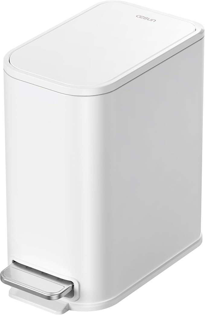 Cesun Small Bathroom Trash Can with Lid Soft Close, Step Pedal, 5 Liter / 1.3 Gallon Stainless Steel Garbage Can with Removable Inner Bucket, Waste Basket for Bathroom, Bedroom (White)