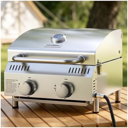 Veralune Tabletop Gas Grill, Small Propane Grill, Portable 2 Burner Gas Grill, Locking Lid, 20,000 BTUs, Built-in Thermometer, Stainless Steel