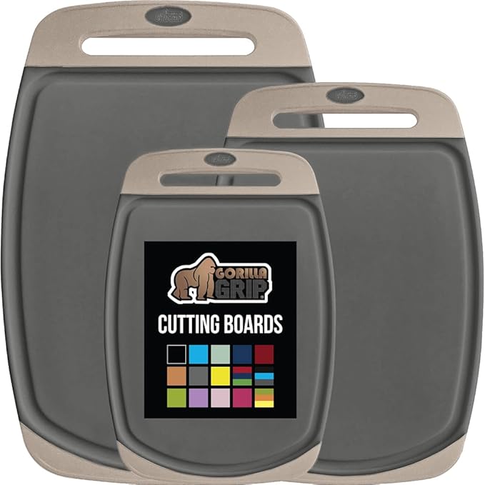 GORILLA GRIP BPA-Free Reversible Kitchen Cutting Board Set of 3, US Designed, Nonporous, Juice Grooves Catch Liquid, Slip Resistant Border, Dishwasher Safe, Durable Food Chopping Boards, Almond Gray