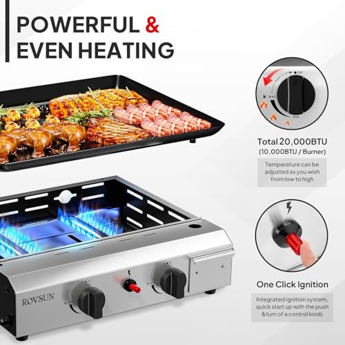 ROVSUN 2 Burner Portable Propane Griddle with Nonstick Enameled Tray, 20,000 BTU Tabletop Flat Top Gas Grill with Electronic Ignition & Regulator for Outdoor Cooking Camping BBQ Tailgating Picnicking