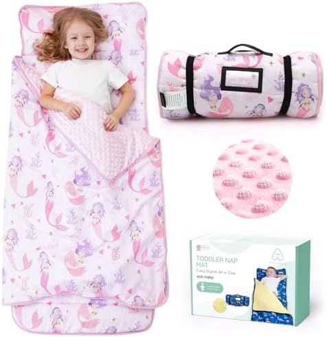 ACRABROS Toddler Nap Mat with Pillow and Blanket, Large Rolled Napping Mats,Slumber Bags for Boys Girls,Kids Sleeping Bag for Daycare, Preschool Travel