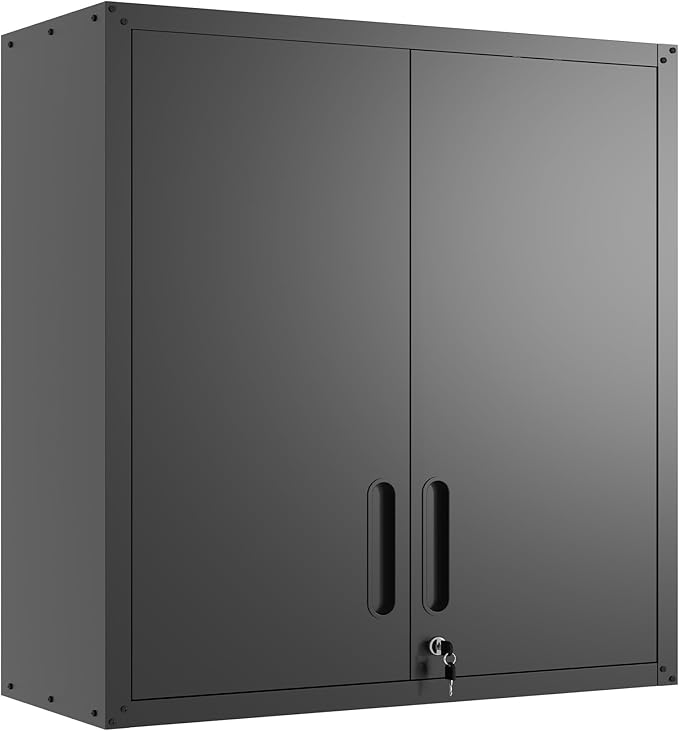 Garage Wall Cabinet with Doors and Shelves, Metal Wall Mounted Storage Cabinet with Lock, Hanging Tool Cabinet for Garage Utility Room, Black