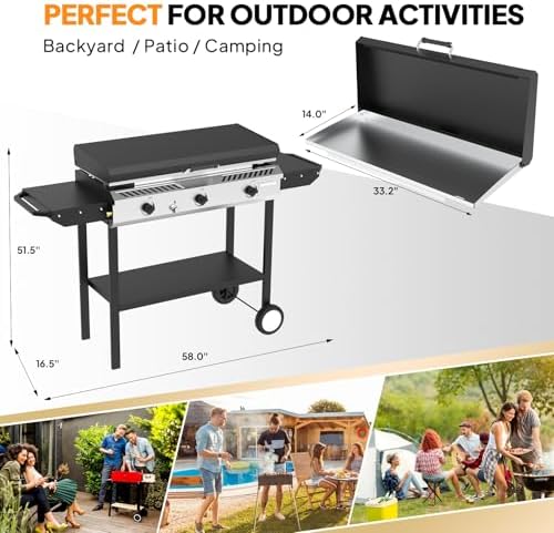 Bonnlo 2-in-1 Propane Stove and Griddle, 3 Burner Outdoor Gas Cooker with Iginition, Storage Shelf and Portable Wheels, 225000BTU Output Camping Stove for Backyard Cooking BBQ Frying and Boiling