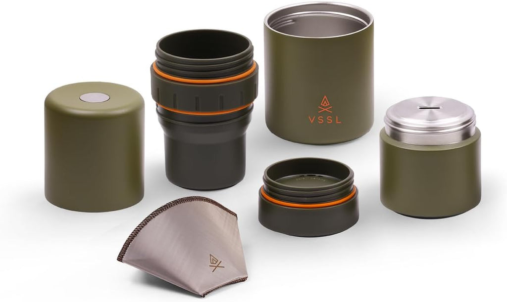Nest Pour Over Coffee Kit | Coffee Maker for Camping | All-In-One Travel Pour Over | Transportable Dripper, Two 10oz Stainless Steel Travel Mugs | Compact Storage & Adventure Ready | Deep Moss