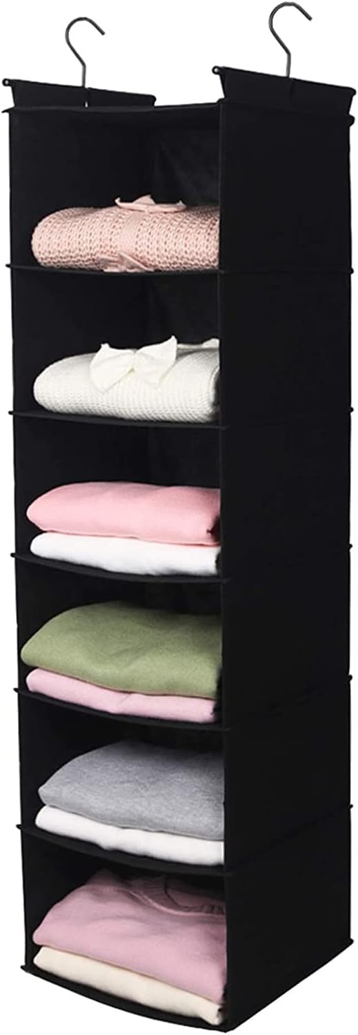 MAX Houser 6 Tier Shelf Hanging Closet Organizer, Closet Hanging Shelf with 2 Sturdy Hooks for Storage, 2 Pack, Foldable (Black)