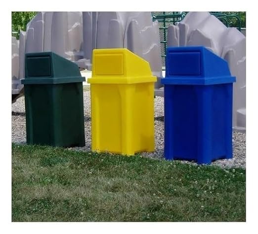 32 Gallon Square 100% Recycled Plastic Heavy Duty Outdoor Trash Can with Push Lid - Great for Schools and Businesses - Light Granite