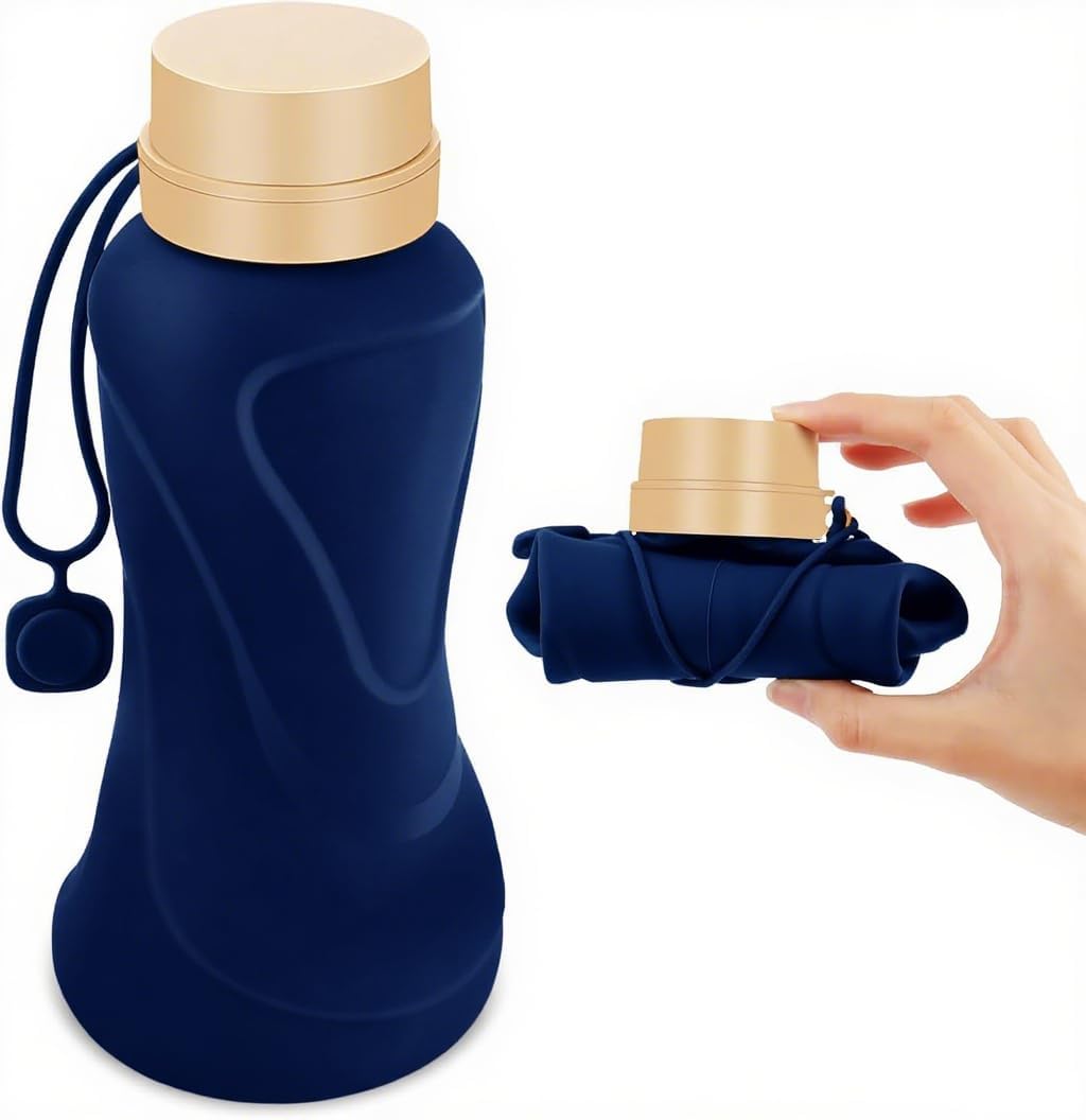 Collapsible Water Bottles,650ml,Leak Proof,Reuseable BPA Free Silicone Foldable Water Bottles,Durable Lightweight for Travel Gym Camping Hiking,Compact Size Portable Sports Water Bottle (Deep Blue)