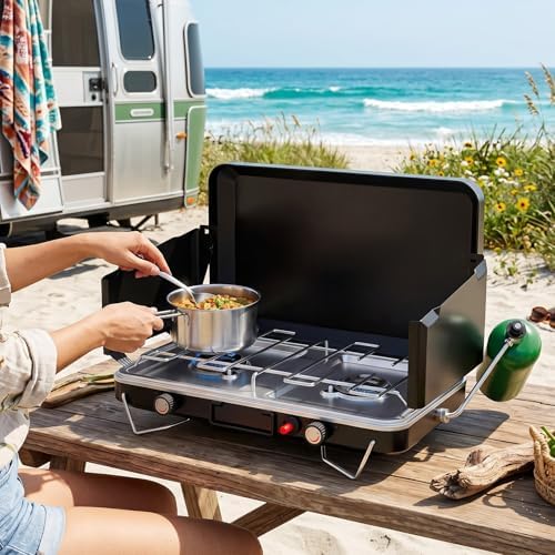 Bonnlo 2 Burner Camping Stove with Igniter, 20000 BTU Portable Propane Gas Stove with Built-in Handle & Foldable Wind Panel, Tabletop Outdoor Stove for Camping Kitchen, Tailgating, Grilling