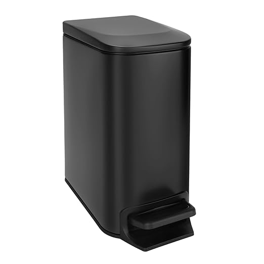 TrashAid Small Bathroom Trash Can with Lid Matt Black Soft Close, 6 Liter / 1.6 Gallon Stainless Steel Garbage Can Narrow with Removable Inner Bucket, Step Pedal