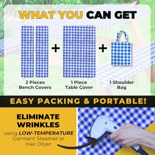 Vinyl Fitted Picnic Table Cover with Bench Covers & Bag 8ft Blue Checkered