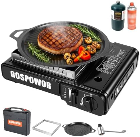 Propane or Butane Stove, Dual Fuel Propane Stove for Camping, 10,000 BTU Automatic Ignition Portable Gas Stove with Carrying Case & Windblocker & Griddle for Hiking(Fuel Not Included)
