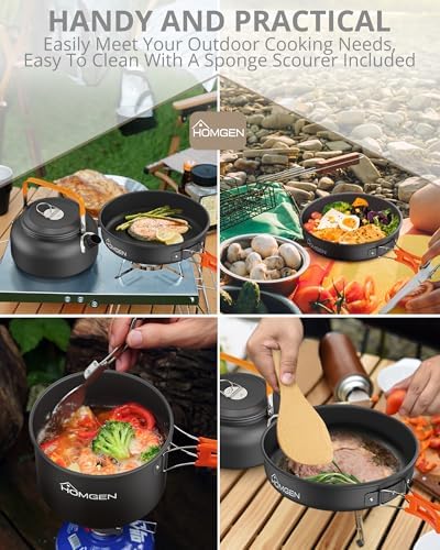 HOMGEN Portable Ultralight Anodized Aluminum Camping Cookware Set - Nesting Camping Pot and Pan-800ml Insulated Teapot-Carrying Bag-for Camping Hiking Picnic RV Trip