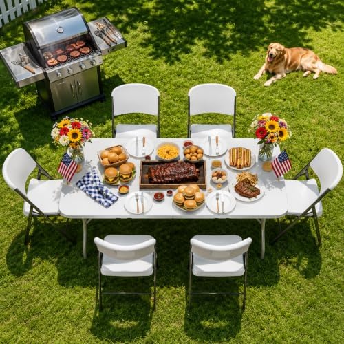 HULKFIT Portable 6-Piece Folding Table and Chairs Set, Heavy Duty 6ft Camping & Party Furniture for Indoor Outdoor Events, White