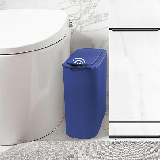 Automatic Motion Sensor Bathroom Trash Can with Lid, 2.6 Gallon Touchless Trash Bin, Smart Garbage Can Plastic Slim Wastebasket for Bedroom, Office, Dorm (Blue)