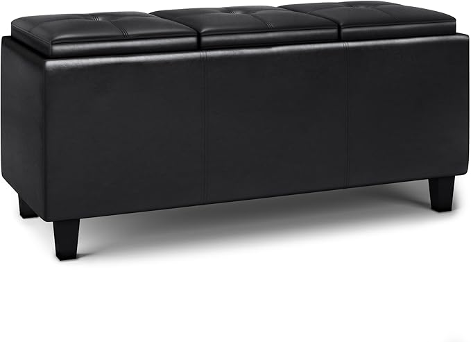 SIMPLIHOME Avalon 42 inch Wide Contemporary Rectangle Tray Storage Ottoman with Lift Up Lids in Midnight Black Vegan Faux Leather, Assembled, for the Living Room, Entryway and Family Room