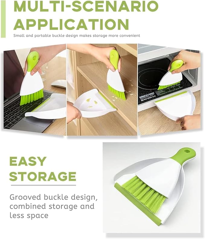 Dust pan Broom Brush Dustpan - Small Broom and Dustpan Set, Mini Broom and Dustpan, Small Dustpan and Brush Set for Home Cleaning, Sofa, Desk, Guinea Pig Cage, Cat Litter etc.（Green 3 Set）