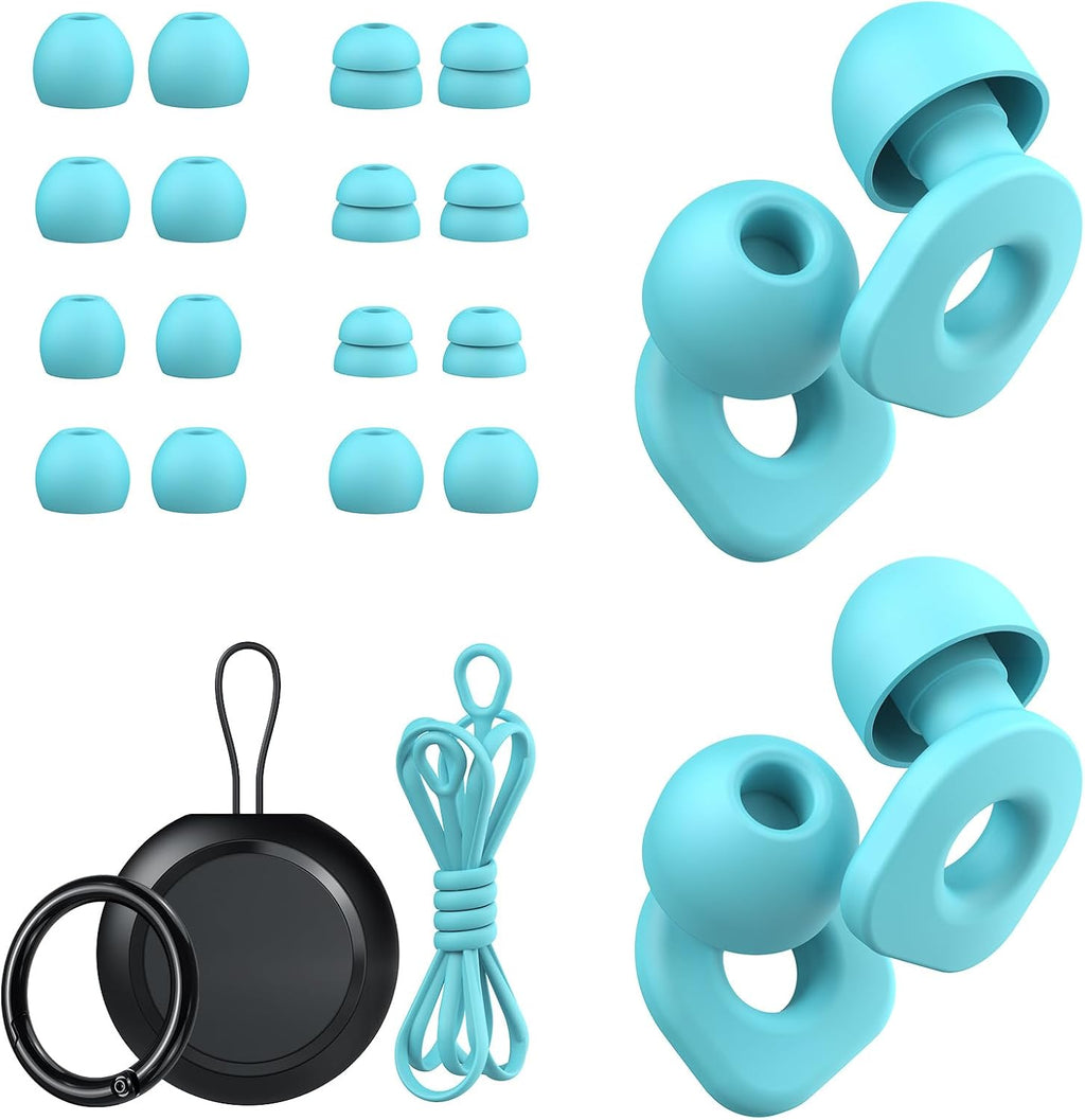2 Pairs of Earplugs for Sleeping,Reusable Hearing Protection Earplugs with 8 Pairs Ear Tips & One Connector Cord,Soft Earplugs for Noise Reduction,Concert,Musician & Work - 25dB-30dB, Sky Bue