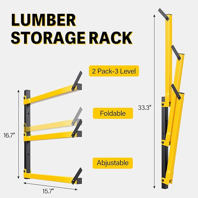 GREENER Lumber Storage Rack Folding Wood Storage Racks Wall-Mounted Metal Racks for Storage with 3-Level Heavy Duty Garage Wood Organizer for Woodworking Shop Indoor & Outdoor Use, 2 pairs,Yellow