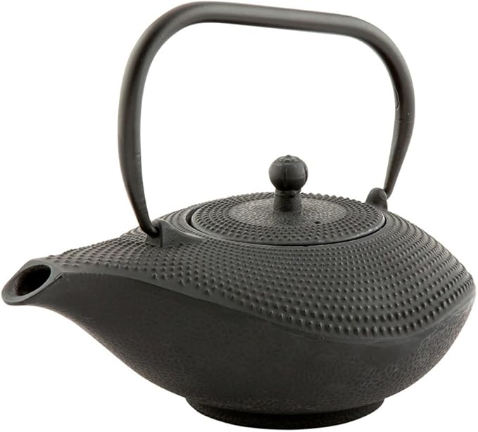Restaurantware Tetsubin 34 Ounce Cast Iron Teapot 1 With Strainer Iron Teapot - Retains Heat Curved Handle Black Cast Iron Japanese Tea Kettle Hobnail