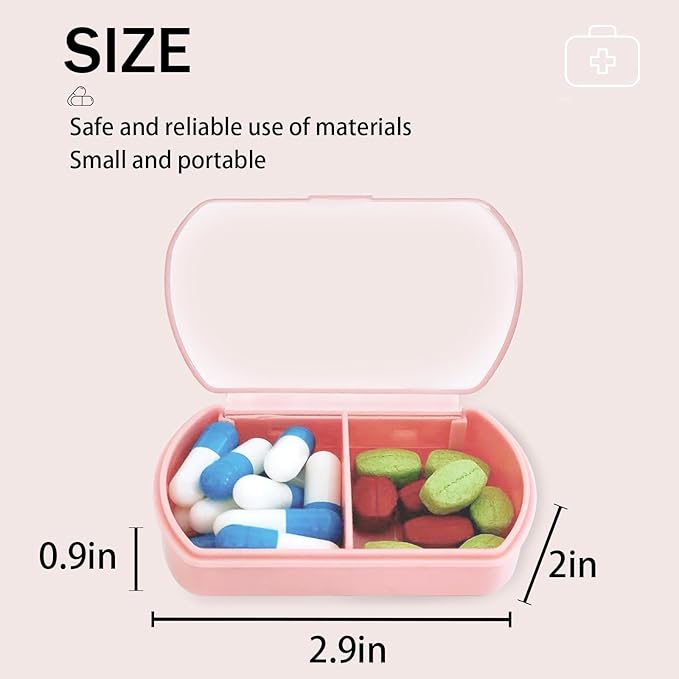 2PCS Small Pill Case Travel Pill Box Cute Pill Organizer for Purse Portable Daily Medicine Organizer 2 Compartment Pill Holder for Vitamins, Fish Oil, Supplements