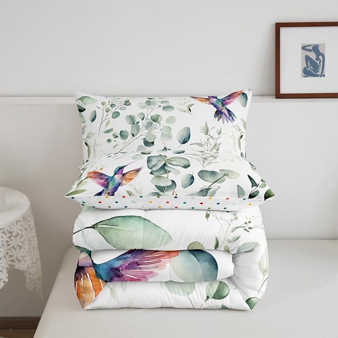 Erosebridal Cartoon Hummingbird Queen Bedding Sets Toddler Wildlife Bird Comforter Set, Plant Down Comforter Eucalyptus Leaf Bedding Comforter Sets, Jungle Animal Theme Duvet Insert Kids Room Decor