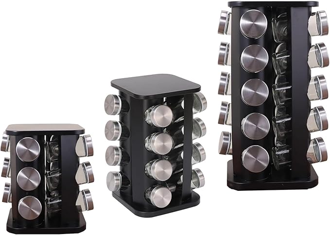Spice Rack, Spice Rack Organizers for Countertop, Rotating Countertop Spice Rack, Revolving Spice Rack for Kitchen, Kitchen Gadgets, Organizer Rack with Spice Jars (Black, SquareHead_12Jars)