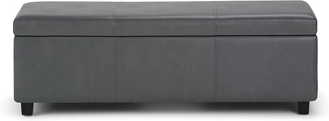 SIMPLIHOME Avalon 48 inch Wide Contemporary Rectangle Storage Ottoman Bench in Stone Grey Vegan Faux Leather, Assembled, For the Living Room, Entryway and Family Room
