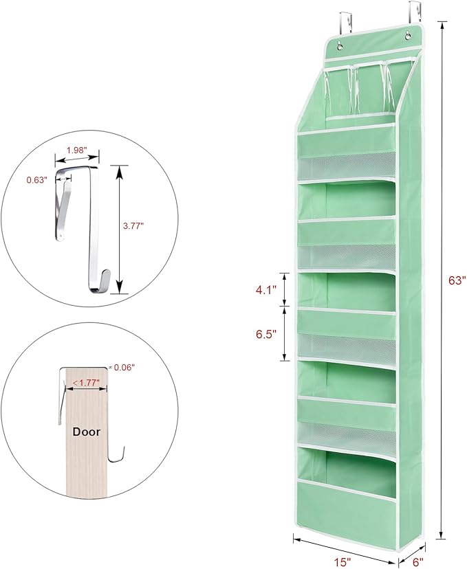 Univivi 6-Shelf Over Door Hanging Organizer Fabric Baby Door Storage with 5 Large Pockets and 3 Small PVC Pockets Wall Mount Hanging Storage Organizers for Baby Essential (Green)